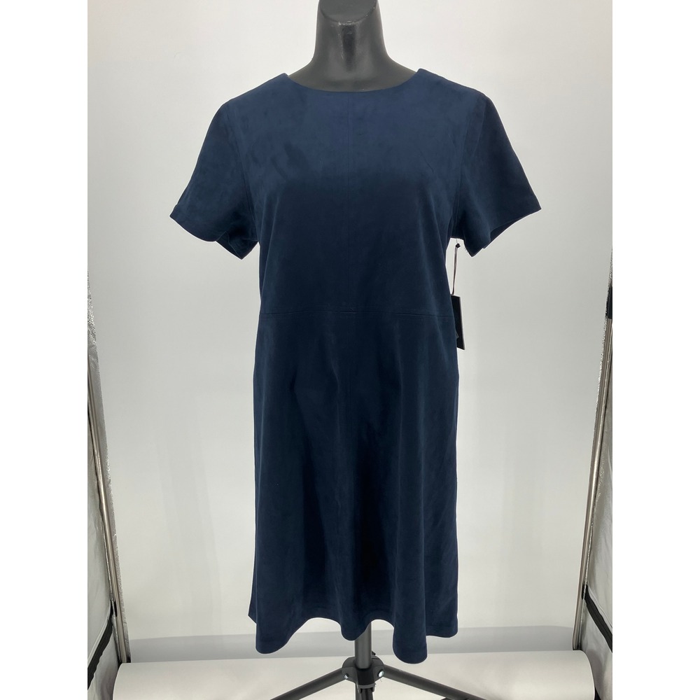 Vince Camuto Women Navy Blue Faux Suede Short Sleeve Shift Dress Size S NWT